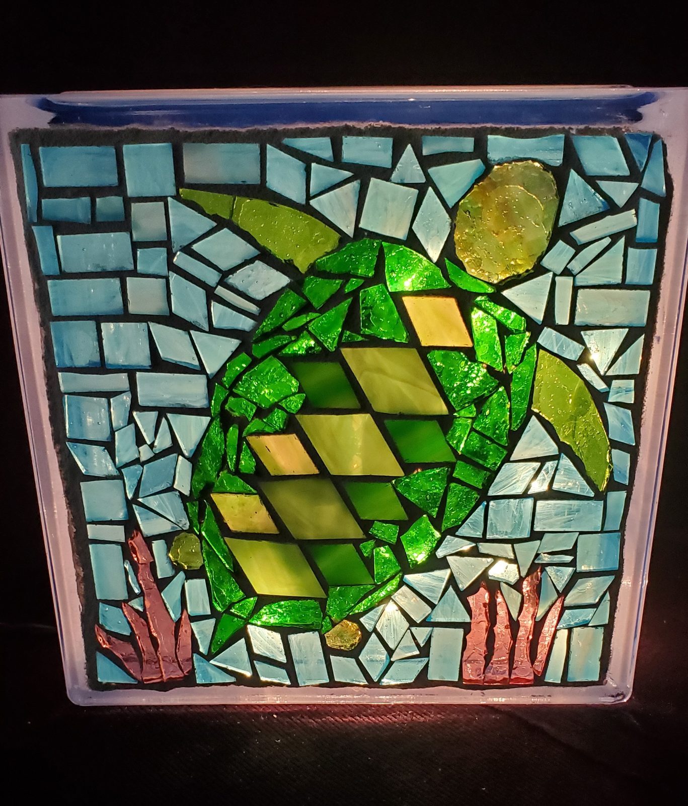 Sea Turtle Mosaic Glass Block Green Under the Sea Coastal Design Perfect Gift Beach with Lights