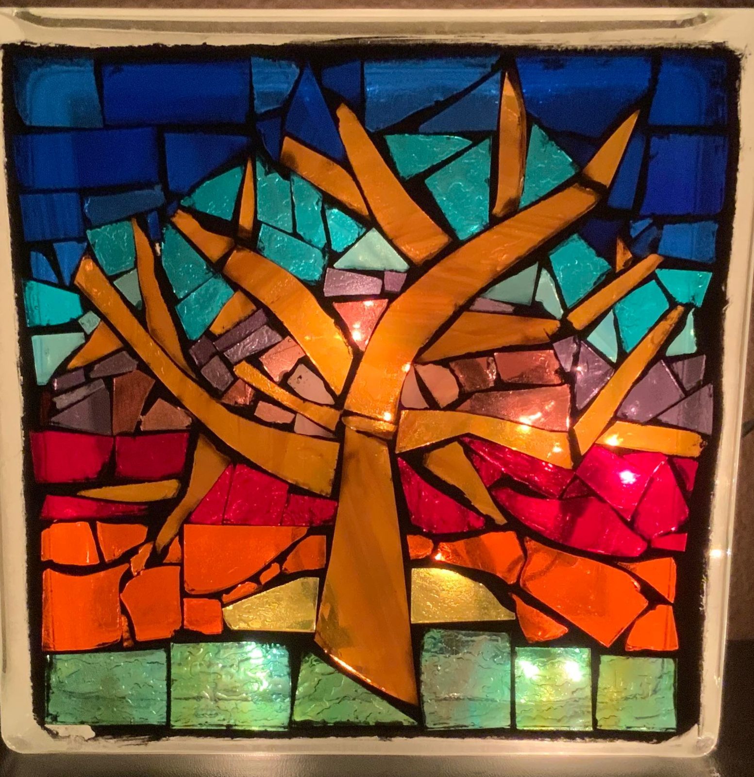 Colorful Rainbow Sunset Tree of Life Mosaic Glass Block with Lights Perfect Gift Home Decor