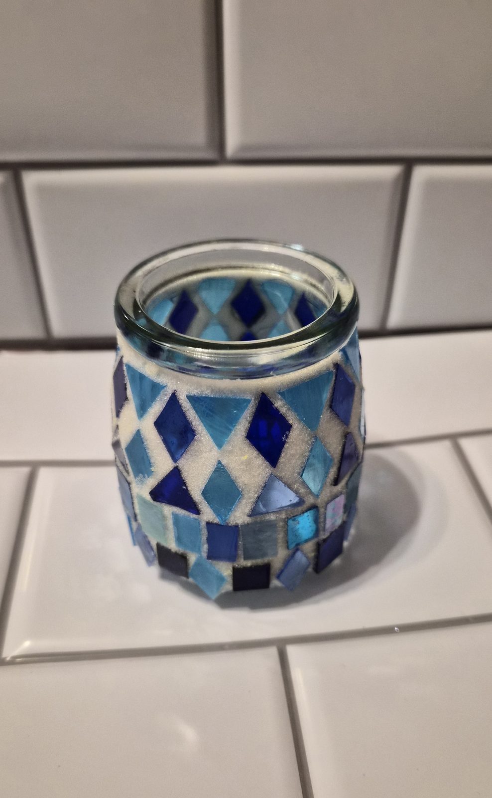 Diamonds in the Sky Blue Turquoise & Teal Mosaic Glass small candleholder perfect gift