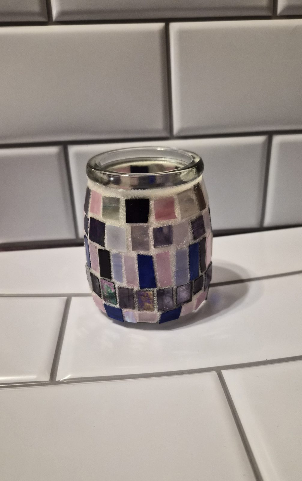 Pretty in Pink and Purple Small Mosaic Glass Candle Holder Perfect Gift Holidays Birthday Hostess