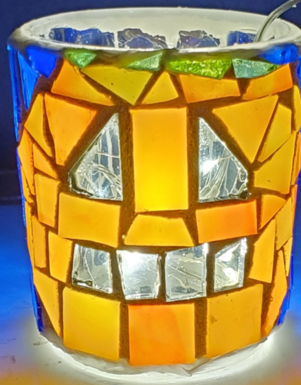 Small Halloween Orange Blue Pumpkin Glass Mosaic Round Candle Holder Fall Gift