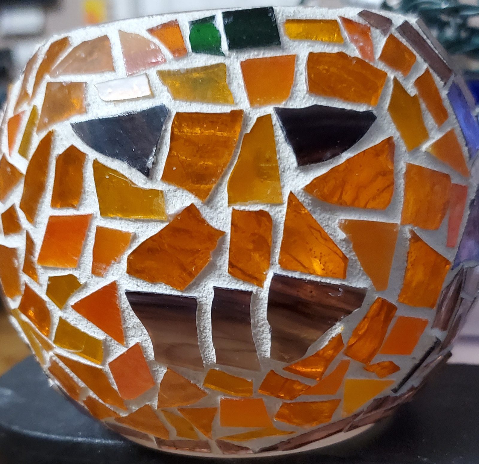 Medium Halloween Orange Purple Pumpkin Glass Mosaic Rounded Candle Holder Fall Gift