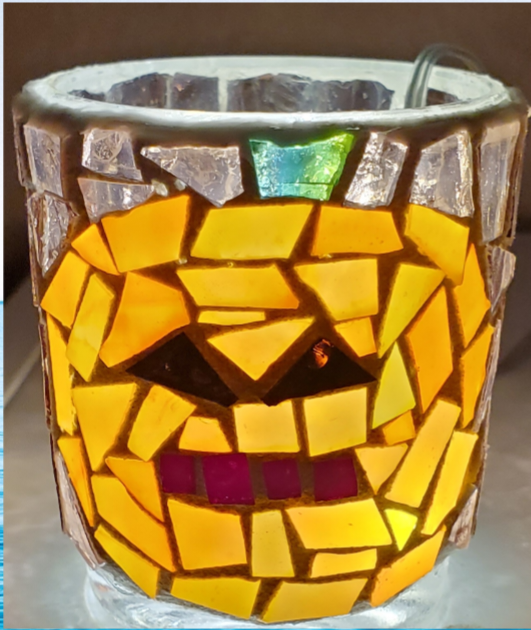 Small Halloween Orange Purple Pumpkin Glass Mosaic Round Candle Holder Fall Gift