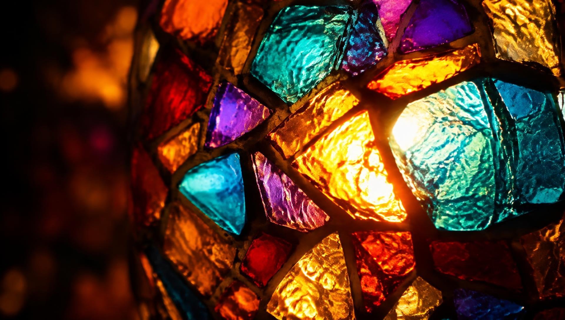 Glowing stained-glass mosaic tiles backlit by warm candlelight