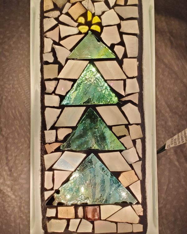 Christmas Tree Glass Mosaic Brick Block Winter Snow White Perfect Gift Holiday Decor with Lights
