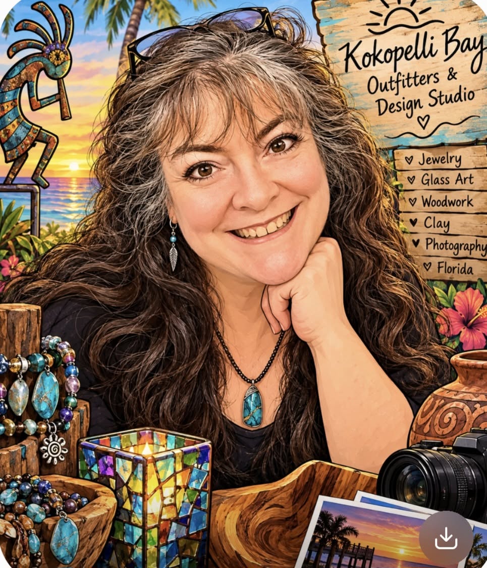 Kristina hand-placing colorful mosaic glass pieces onto a candleholder in her sunny Florida studio
